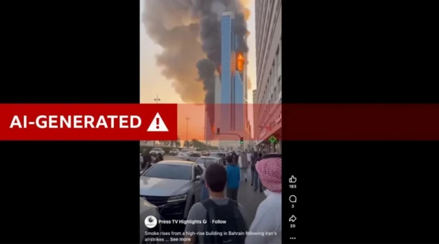 İran nəşri Bəhreyndə yanan hündürmərtəbəli bina ilə bağlı süni intellektlə hazırlanmış saxta görüntü yayıb 